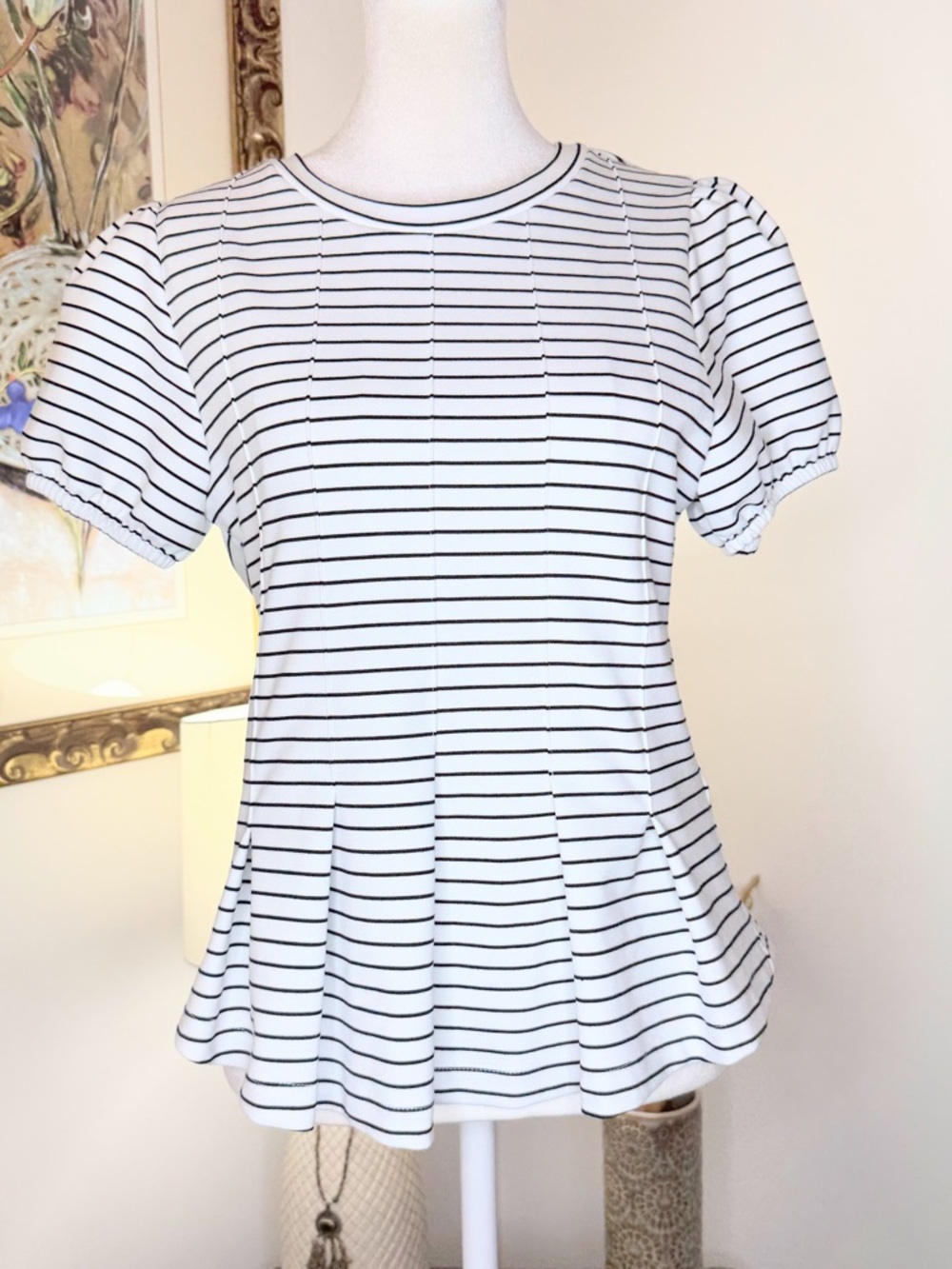 Maeve Anthropologie Striped Peplum Top Womens Small Black White Puff Sleeve